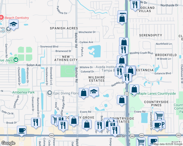map of restaurants, bars, coffee shops, grocery stores, and more near 2959 Hickory Court in Dunedin