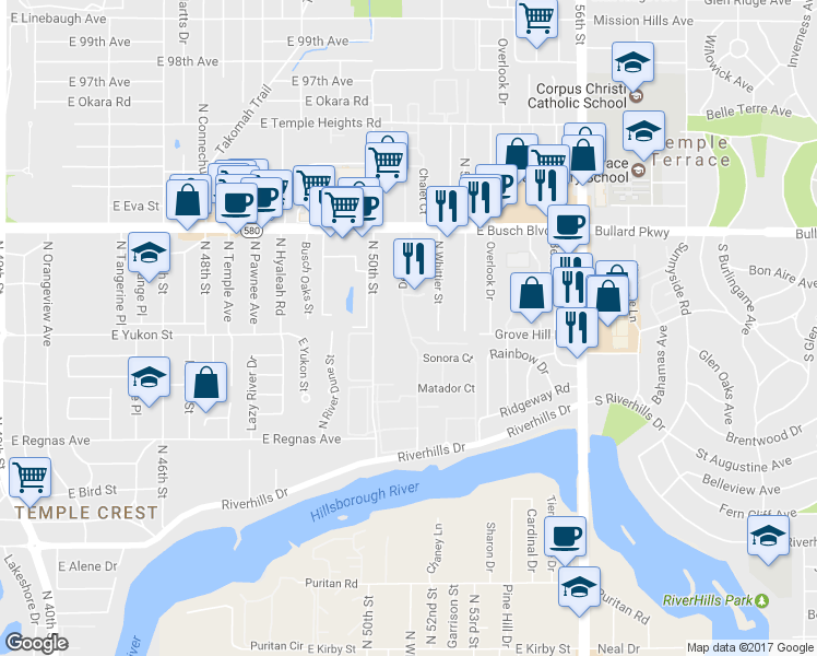 map of restaurants, bars, coffee shops, grocery stores, and more near 8501 North 50th Street in Tampa