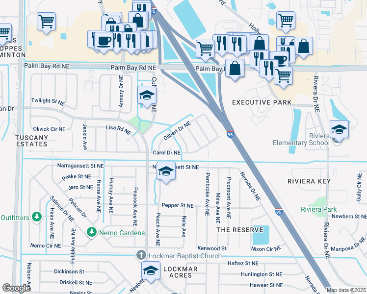 map of restaurants, bars, coffee shops, grocery stores, and more near 1210 Drill Avenue Northeast in Palm Bay