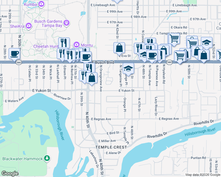 map of restaurants, bars, coffee shops, grocery stores, and more near 4216 East Yukon Street in Tampa