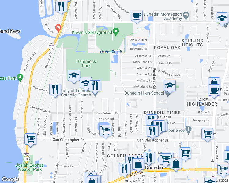 map of restaurants, bars, coffee shops, grocery stores, and more near 1650 McKay Court in Dunedin