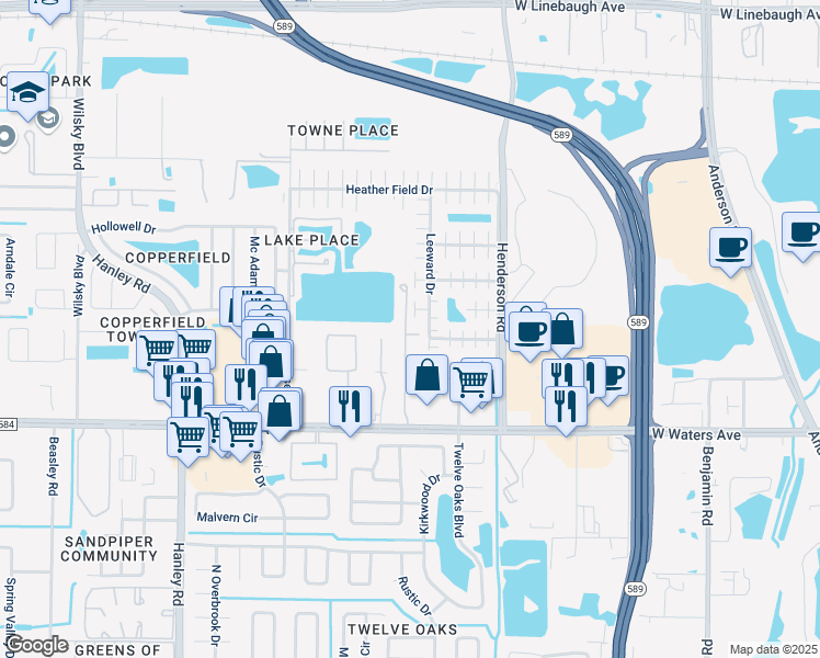 map of restaurants, bars, coffee shops, grocery stores, and more near 8526 Sandy Beach Street in Tampa