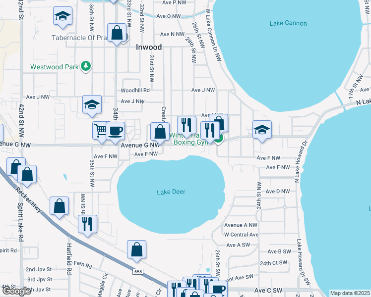 map of restaurants, bars, coffee shops, grocery stores, and more near 2934 Avenue G Northwest in Winter Haven