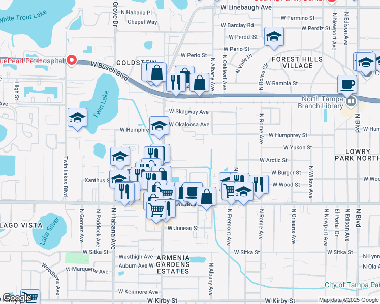 map of restaurants, bars, coffee shops, grocery stores, and more near 2226 Blue Spruce Way in Tampa