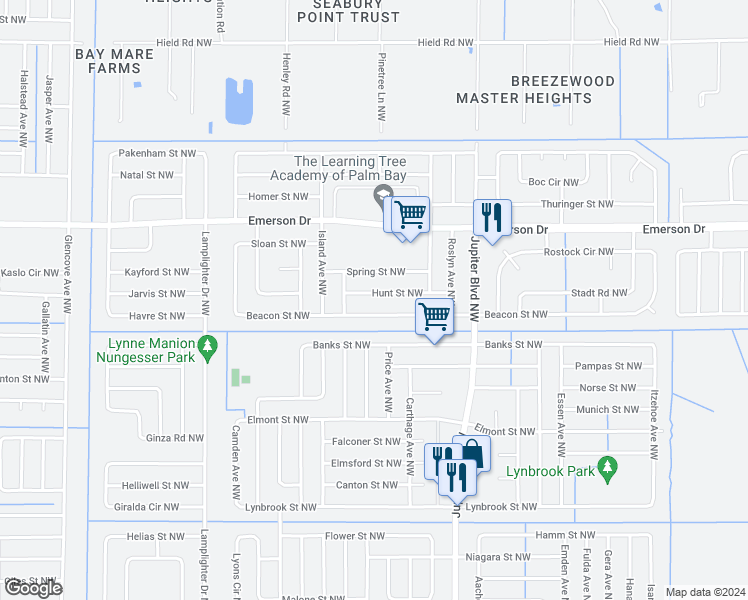 map of restaurants, bars, coffee shops, grocery stores, and more near 1048 Hunt Street Northwest in Palm Bay