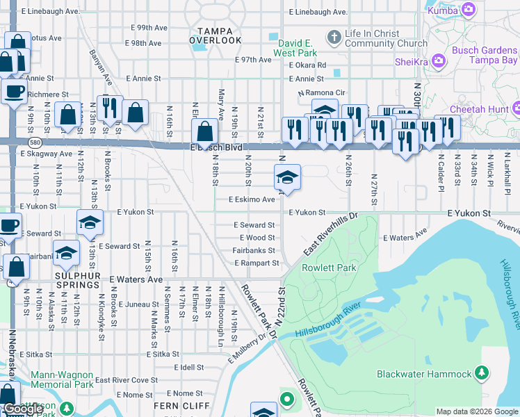 map of restaurants, bars, coffee shops, grocery stores, and more near 2016 East Yukon Street in Tampa