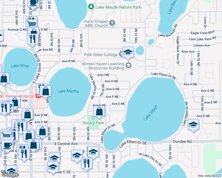map of restaurants, bars, coffee shops, grocery stores, and more near 814 Ave G NE in Winter Haven