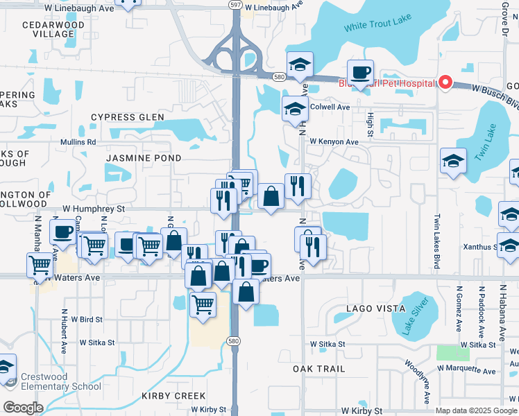 map of restaurants, bars, coffee shops, grocery stores, and more near 8601 Postwood Circle in Tampa