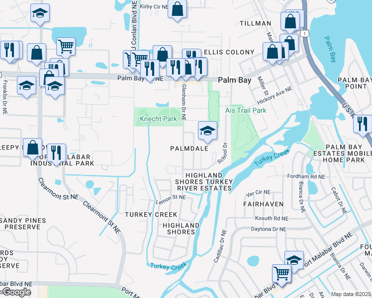 map of restaurants, bars, coffee shops, grocery stores, and more near 1265 Glenham Drive Northeast in Palm Bay
