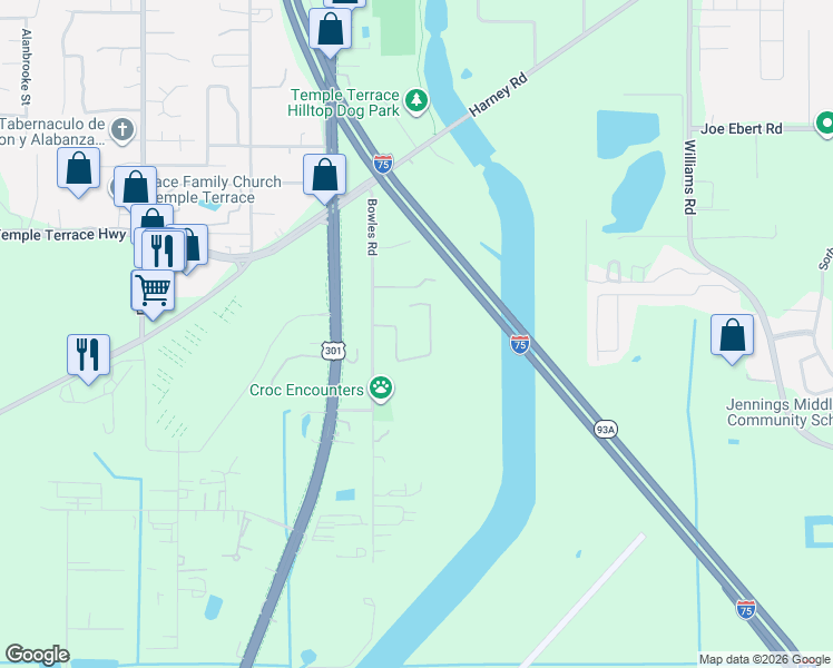map of restaurants, bars, coffee shops, grocery stores, and more near 9138 Wood Terrace Drive in Tampa