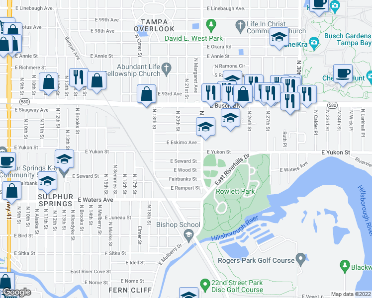 map of restaurants, bars, coffee shops, grocery stores, and more near 2016 East Yukon Street in Tampa