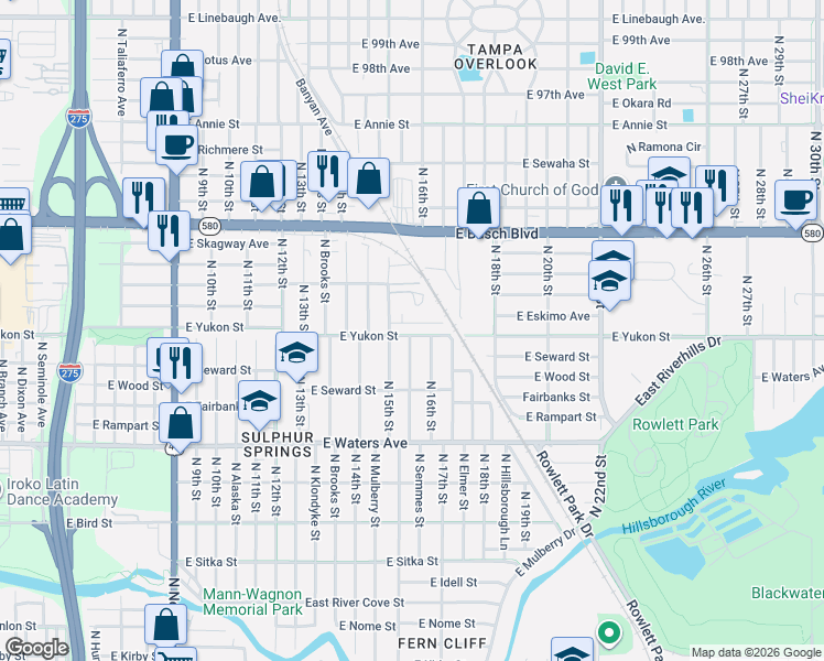 map of restaurants, bars, coffee shops, grocery stores, and more near 1521 East Eskimo Avenue in Tampa