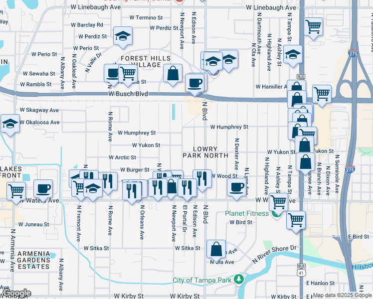 map of restaurants, bars, coffee shops, grocery stores, and more near 8526 El Portal Drive in Tampa