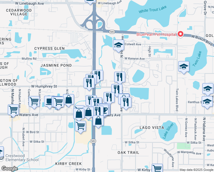 map of restaurants, bars, coffee shops, grocery stores, and more near 8601 Postwood Circle in Tampa