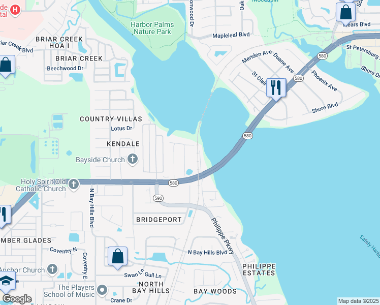 map of restaurants, bars, coffee shops, grocery stores, and more near 2953 Shore Drive in Safety Harbor