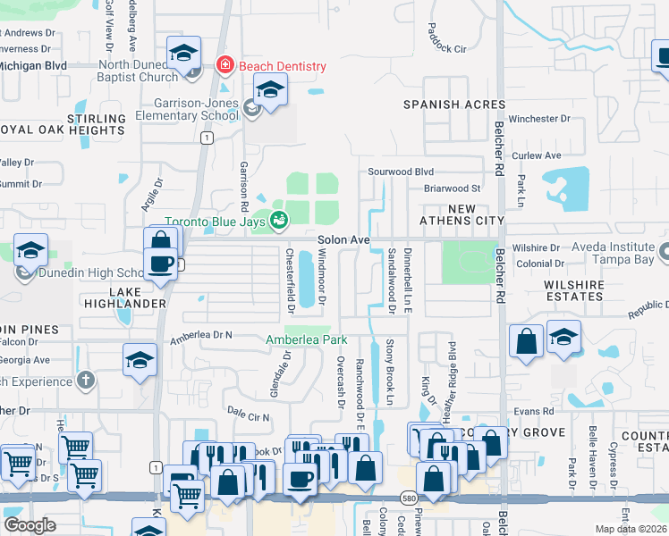 map of restaurants, bars, coffee shops, grocery stores, and more near 1436 Overcash Drive in Dunedin
