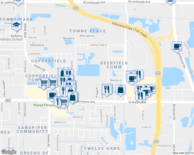 map of restaurants, bars, coffee shops, grocery stores, and more near 8563 J R Manor Drive in Tampa