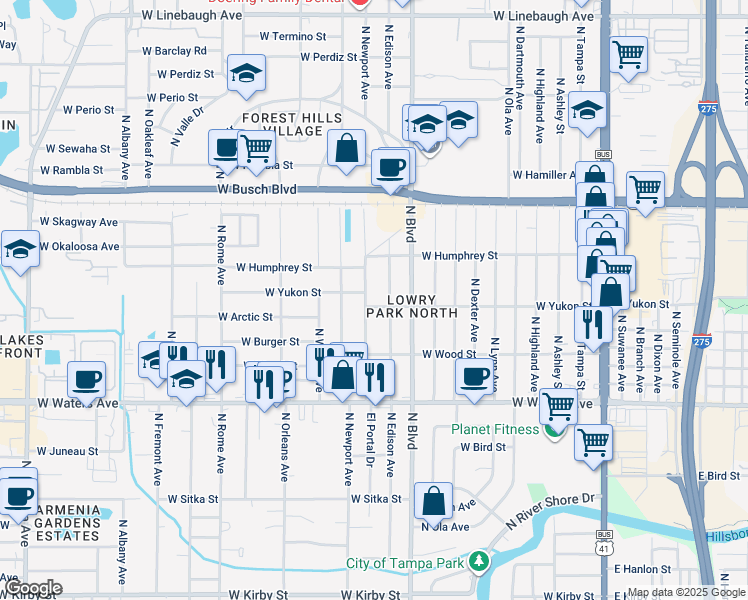 map of restaurants, bars, coffee shops, grocery stores, and more near 8526 El Portal Drive in Tampa