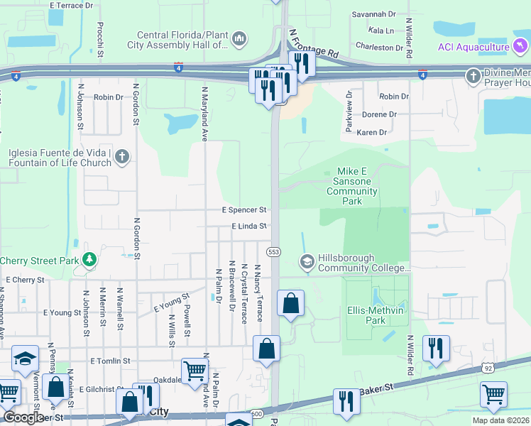 map of restaurants, bars, coffee shops, grocery stores, and more near 1911 East Spencer Street in Plant City