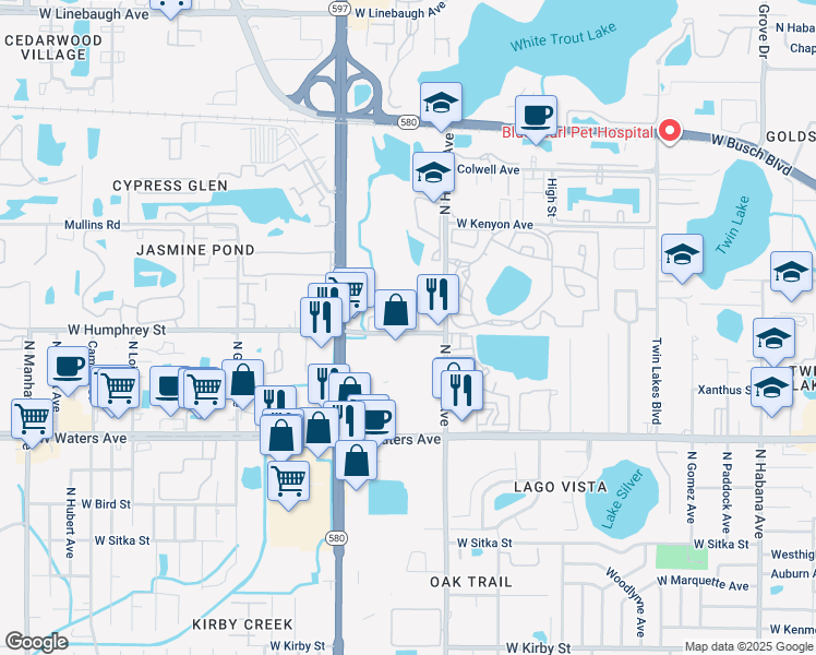 map of restaurants, bars, coffee shops, grocery stores, and more near 8601 Postwood Circle in Tampa