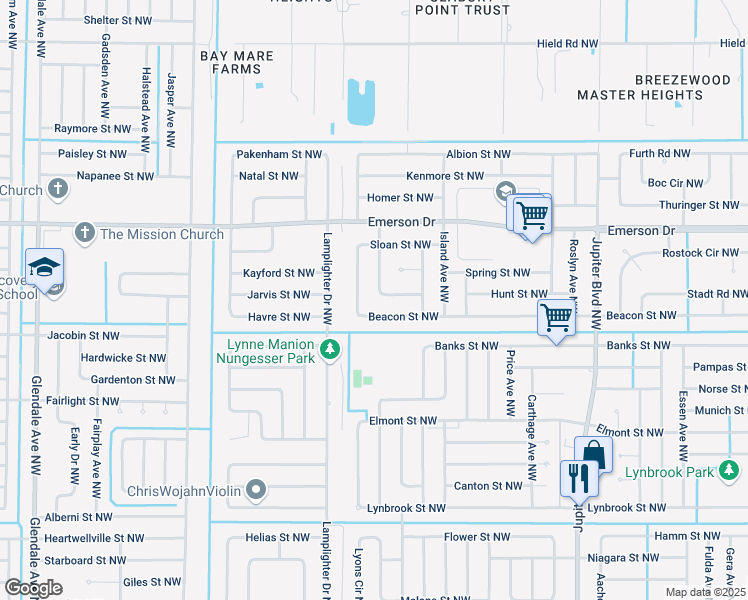 map of restaurants, bars, coffee shops, grocery stores, and more near 1211 Auburn Avenue Northwest in Palm Bay