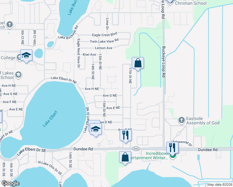 map of restaurants, bars, coffee shops, grocery stores, and more near 1529 Avenue G Northeast in Winter Haven