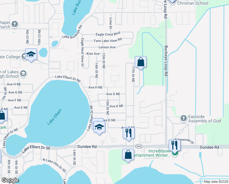 map of restaurants, bars, coffee shops, grocery stores, and more near 1529 Avenue G Northeast in Winter Haven