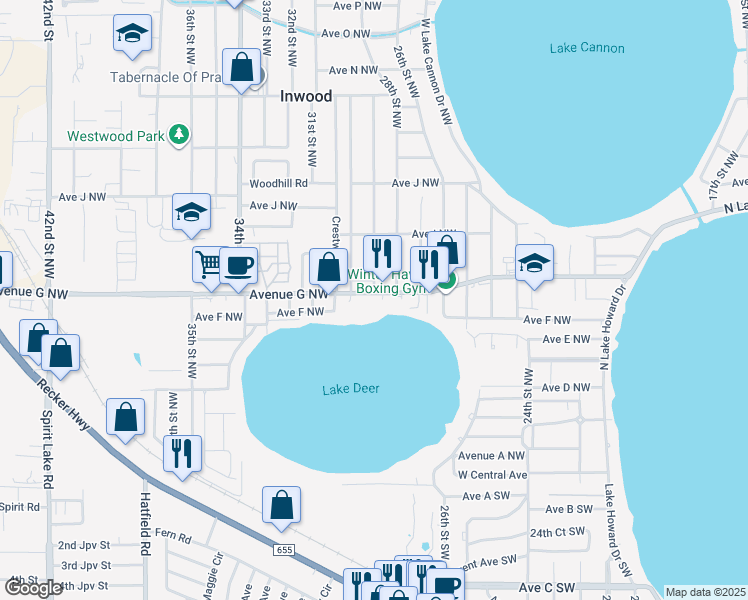 map of restaurants, bars, coffee shops, grocery stores, and more near 2934 Avenue G Northwest in Winter Haven