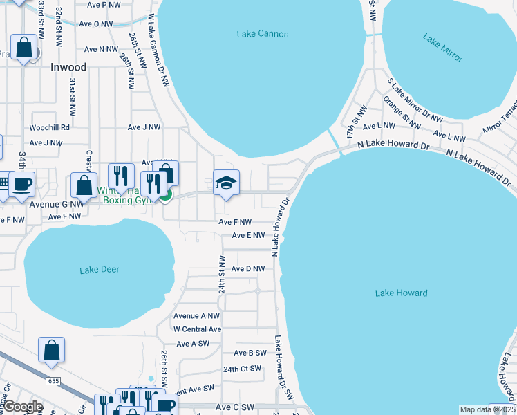 map of restaurants, bars, coffee shops, grocery stores, and more near 680 22nd Street Northwest in Winter Haven