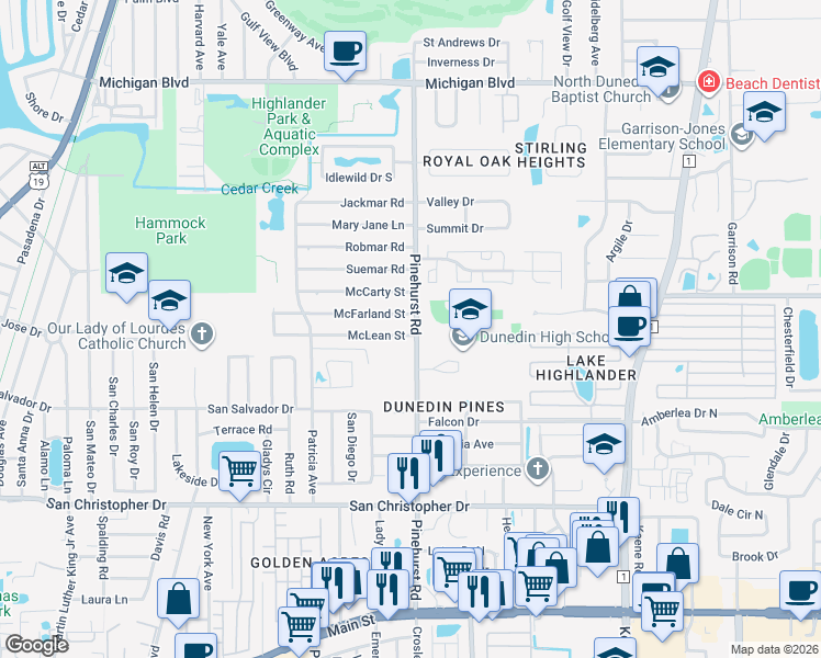 map of restaurants, bars, coffee shops, grocery stores, and more near 1150 McLean Street in Dunedin
