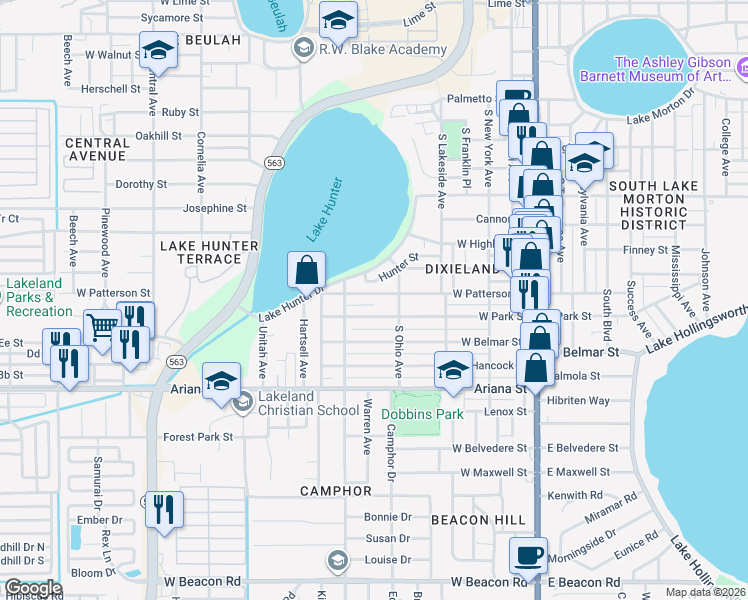 map of restaurants, bars, coffee shops, grocery stores, and more near 624 West Patterson Street in Lakeland