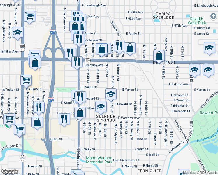 map of restaurants, bars, coffee shops, grocery stores, and more near 1109 East Yukon Street in Tampa