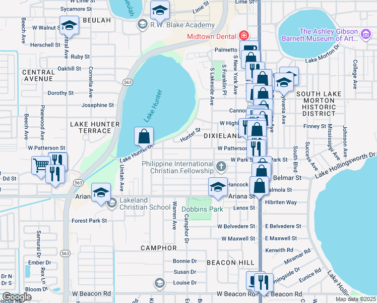 map of restaurants, bars, coffee shops, grocery stores, and more near 545 West Park Street in Lakeland