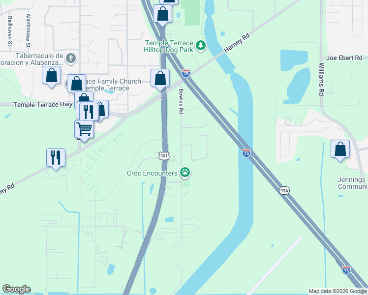 map of restaurants, bars, coffee shops, grocery stores, and more near 9101 Wood Terrace Drive in Tampa
