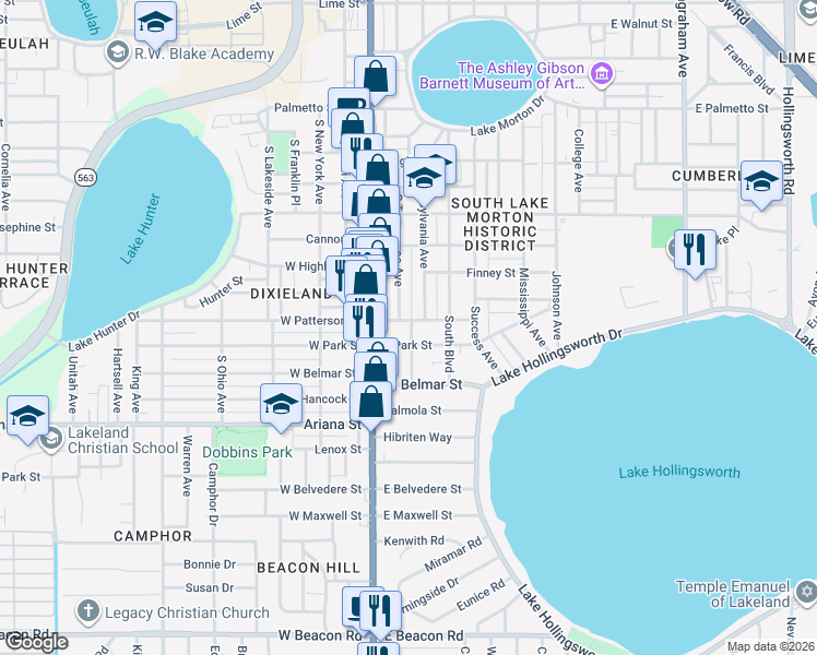 map of restaurants, bars, coffee shops, grocery stores, and more near 139 East Patterson Street in Lakeland