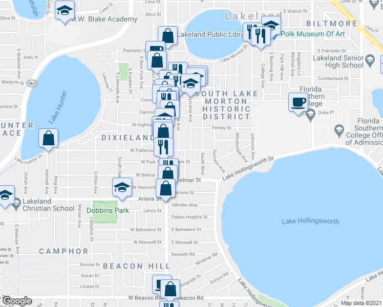 map of restaurants, bars, coffee shops, grocery stores, and more near 1062 South Tennessee Avenue in Lakeland