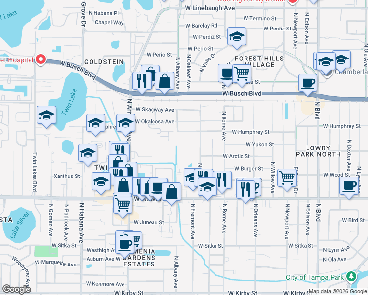 map of restaurants, bars, coffee shops, grocery stores, and more near 1936 Fiesta Ridge Court in Tampa