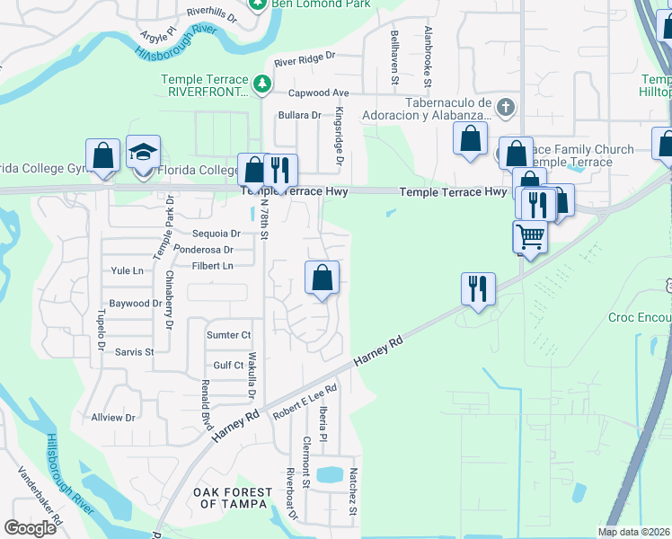 map of restaurants, bars, coffee shops, grocery stores, and more near 8710 Plum Lane in Tampa