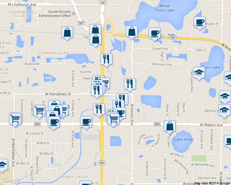map of restaurants, bars, coffee shops, grocery stores, and more near 8601 Postwood Circle in Tampa