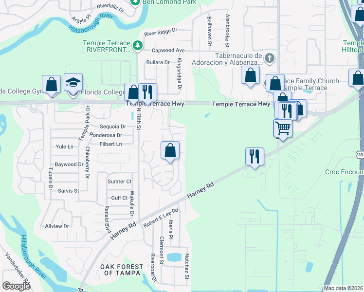 map of restaurants, bars, coffee shops, grocery stores, and more near 8012 Peach Drive in Tampa