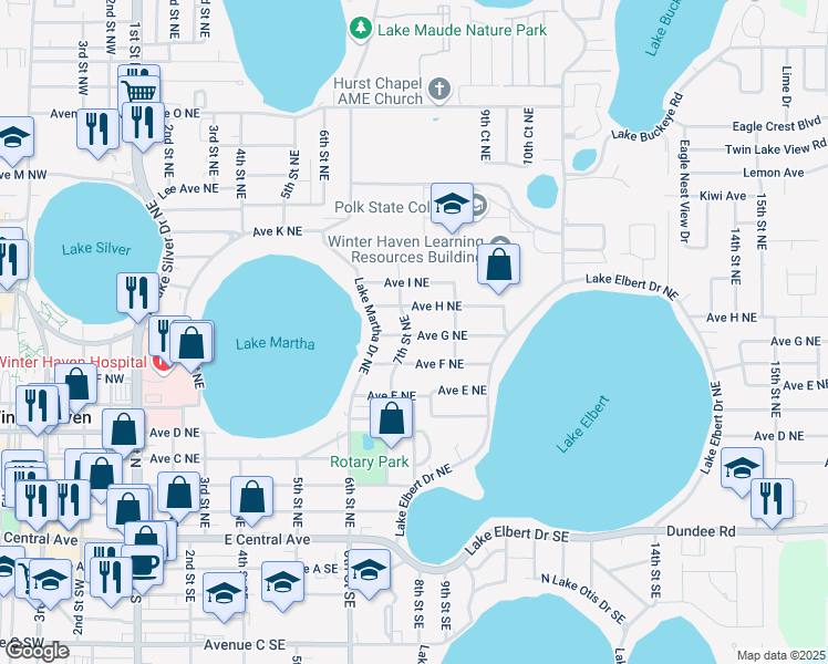 map of restaurants, bars, coffee shops, grocery stores, and more near 814 Avenue G Northeast in Winter Haven