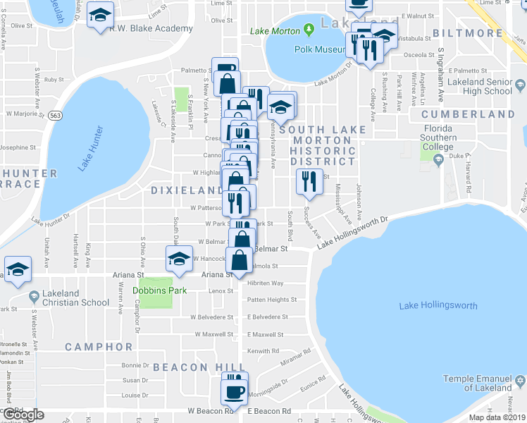 map of restaurants, bars, coffee shops, grocery stores, and more near 1062 South Tennessee Avenue in Lakeland