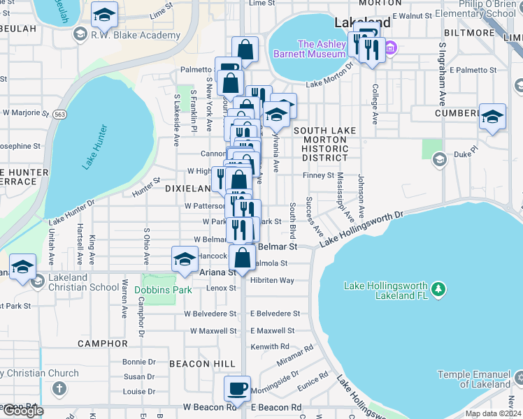map of restaurants, bars, coffee shops, grocery stores, and more near 1062 South Tennessee Avenue in Lakeland