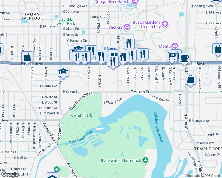 map of restaurants, bars, coffee shops, grocery stores, and more near 8701 North Linda Court in Tampa