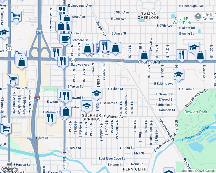 map of restaurants, bars, coffee shops, grocery stores, and more near 8601 North 14th Street in Tampa