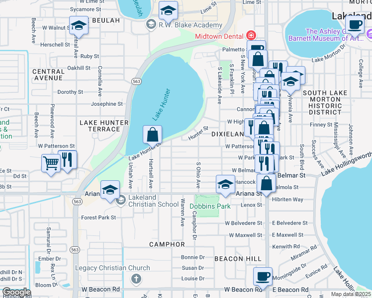 map of restaurants, bars, coffee shops, grocery stores, and more near 626 West Patterson Street in Lakeland