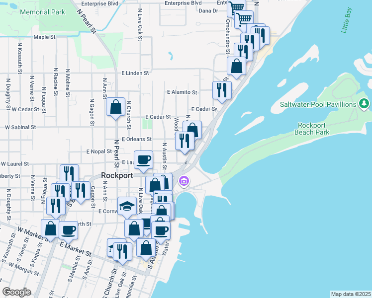 map of restaurants, bars, coffee shops, grocery stores, and more near 701 North Allen Street in Rockport