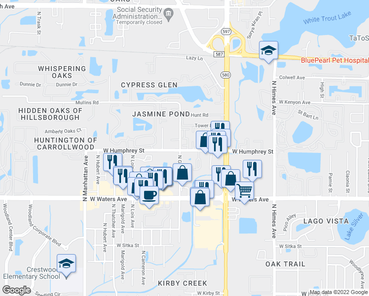 map of restaurants, bars, coffee shops, grocery stores, and more near 4002 West Humphrey Street in Tampa