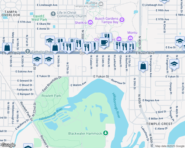 map of restaurants, bars, coffee shops, grocery stores, and more near 3202 East Yukon Street in Tampa