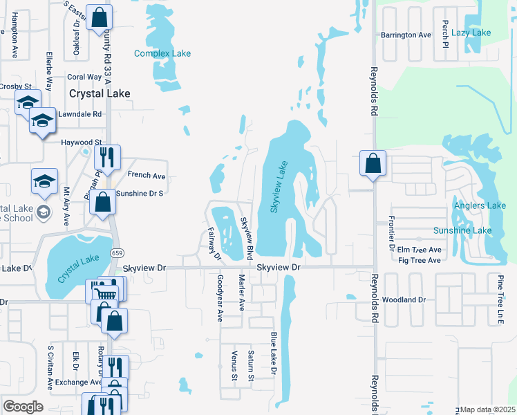 map of restaurants, bars, coffee shops, grocery stores, and more near 1214 Country Club Lane in Lakeland